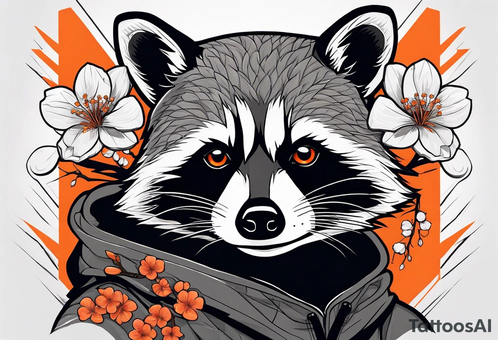 Raccoon wearing a white Superman logo on a black hoodie and orange Japanese cherry blossoms beside tattoo idea