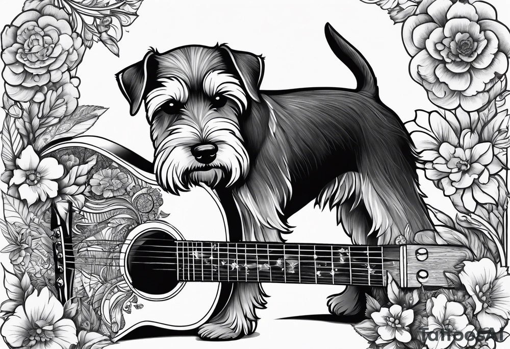 Miniature schnauzer playing guitar tattoo idea