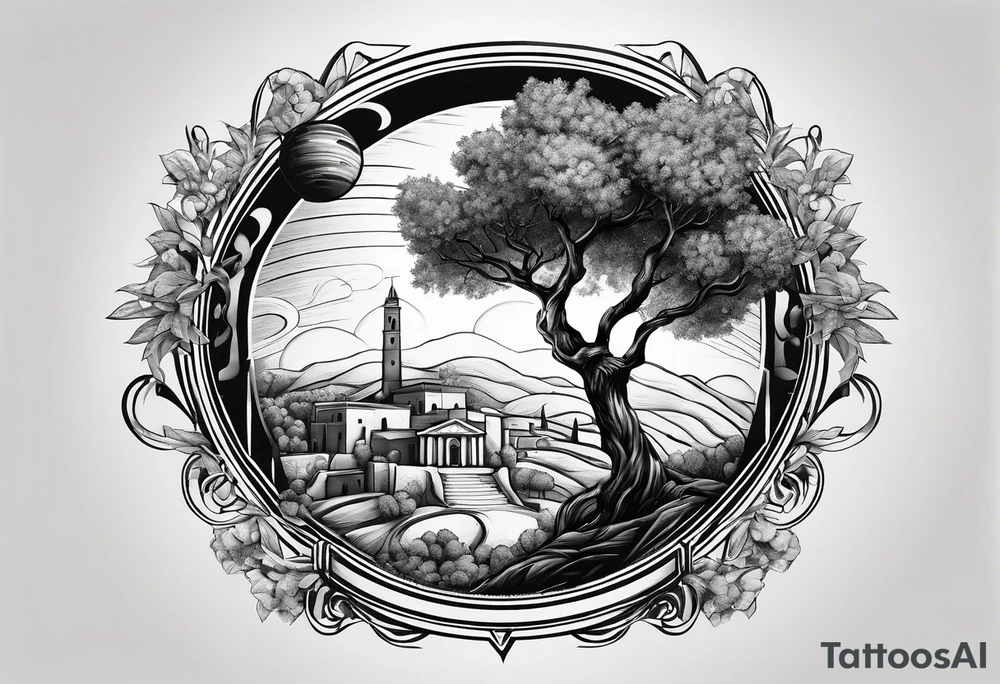 An olive tree sorrounded by a circle with saturn and the babel tower in the background tattoo idea
