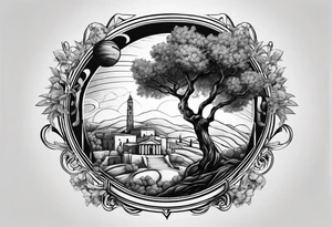 An olive tree sorrounded by a circle with saturn and the babel tower in the background tattoo idea
