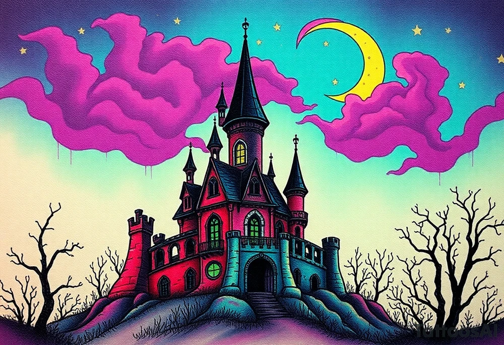 Tim Burton’s disney sleeping beauty’s haunted castle is abandoned and dripping with muted reds, dusty pinks, and eerie green glow.purple and cyan smokey clouds swirl in the crescent moonlit sky thats sprinkled with stars tattoo idea tattoo idea