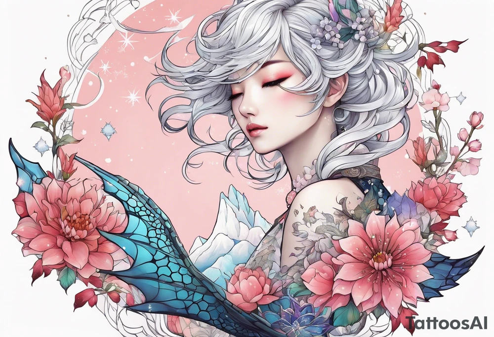 Constellation, wing , snow , cross , dragon female japan kawaii , flower tattoo idea