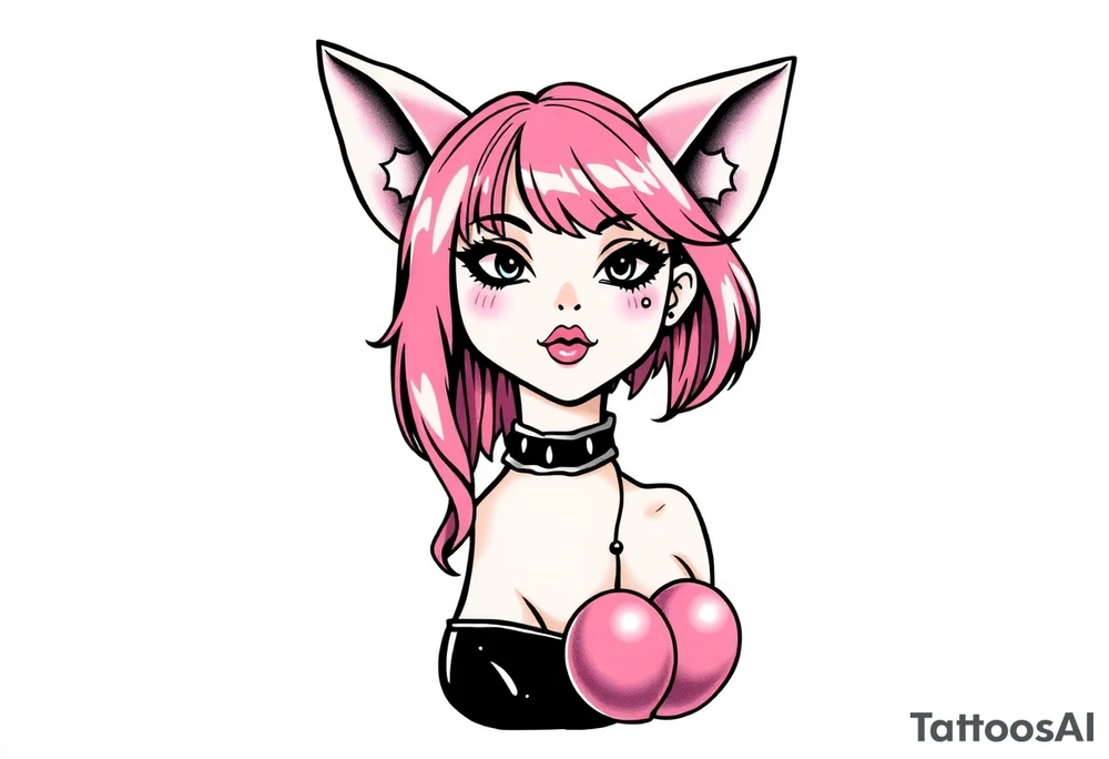 hot goth girl with puppy ears and with piercings on face and big boobs and big butt with black outfit on with pink hair tattoo idea
