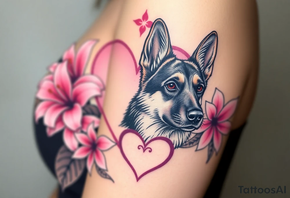 short haired german shepherd with alert ears surrounded by pink lilies with large leaves in front of a sacred heart tattoo idea