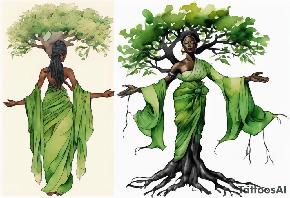 a tree trunk with roots that is a black woman from the waist up, feet made of tree roots, wearing a green tunic, arms stretched upwards towards the noon sun tattoo idea