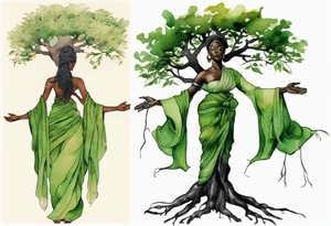 a tree trunk with roots that is a black woman from the waist up, feet made of tree roots, wearing a green tunic, arms stretched upwards towards the noon sun tattoo idea