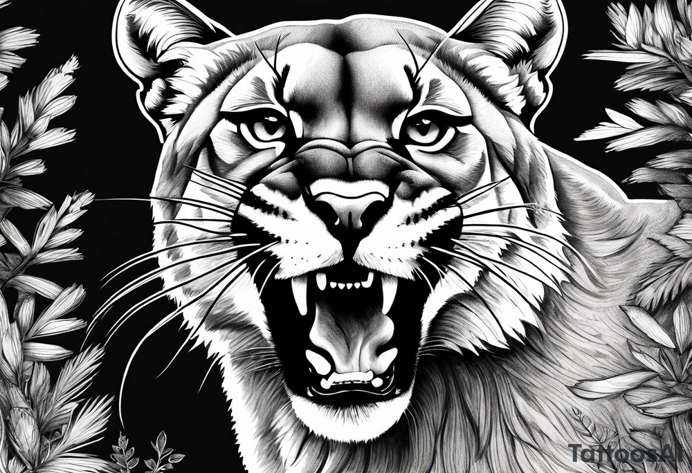 roaring mountain lion, forest background tattoo idea