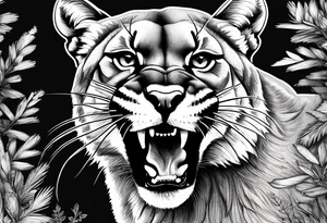 roaring mountain lion, forest background tattoo idea