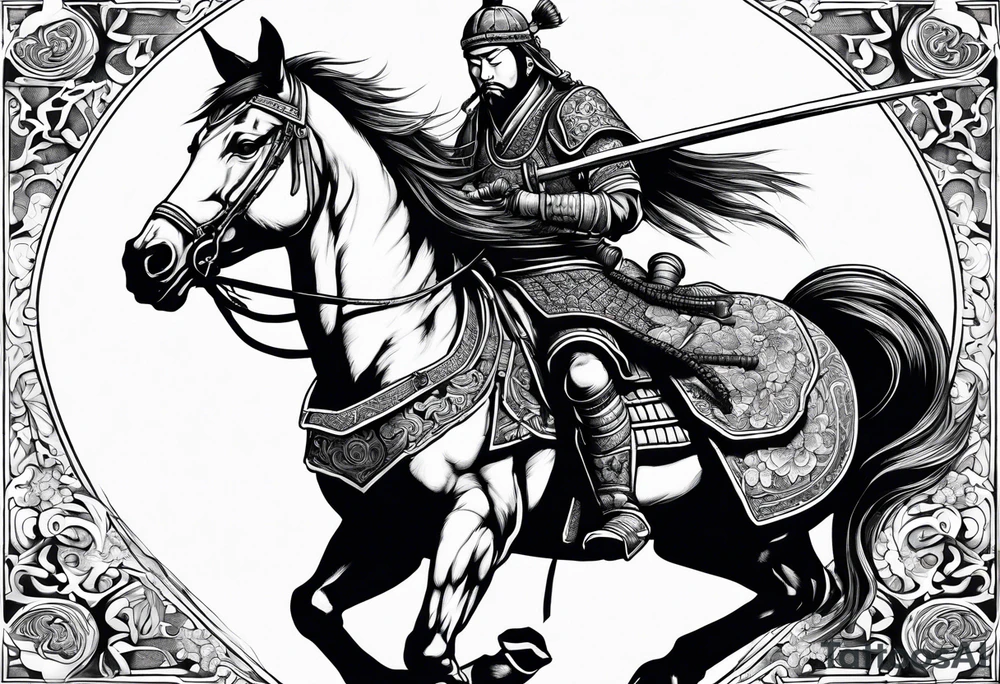 Mongol warrior on horseback carrying a head of a dead samurai tattoo idea