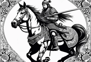 Mongol warrior on horseback carrying a head of a dead samurai tattoo idea
