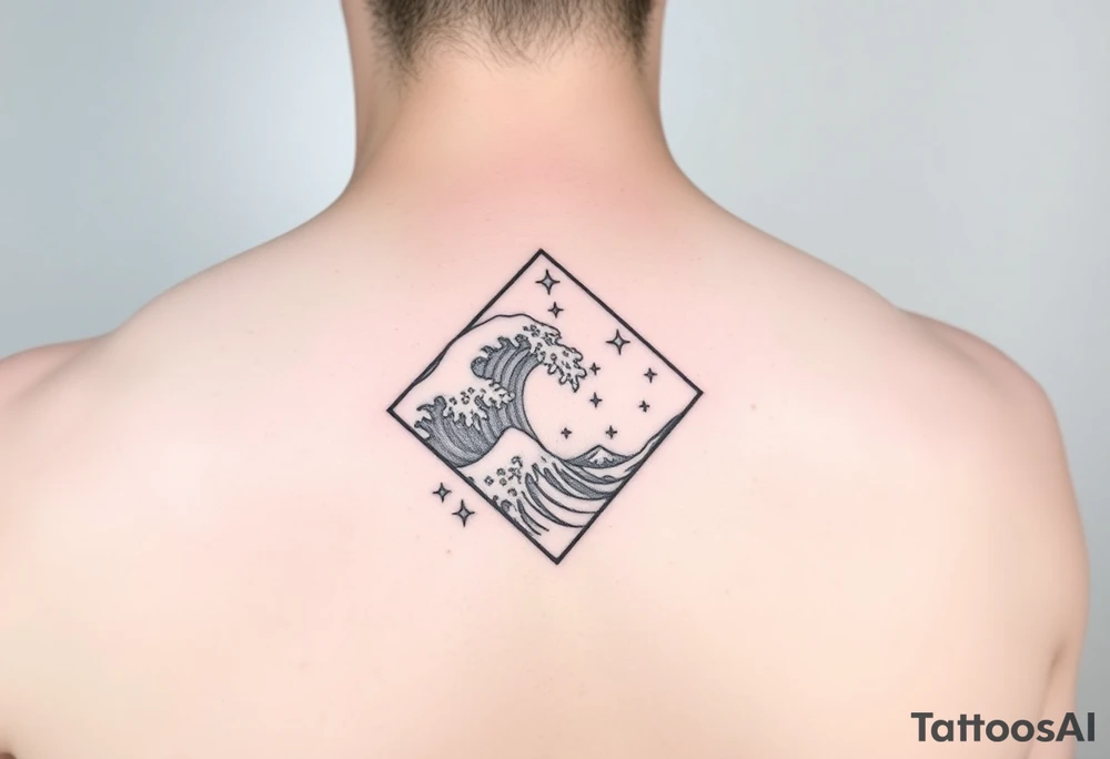 A powerful wave with stars inside of a elongated diamond tattoo idea
