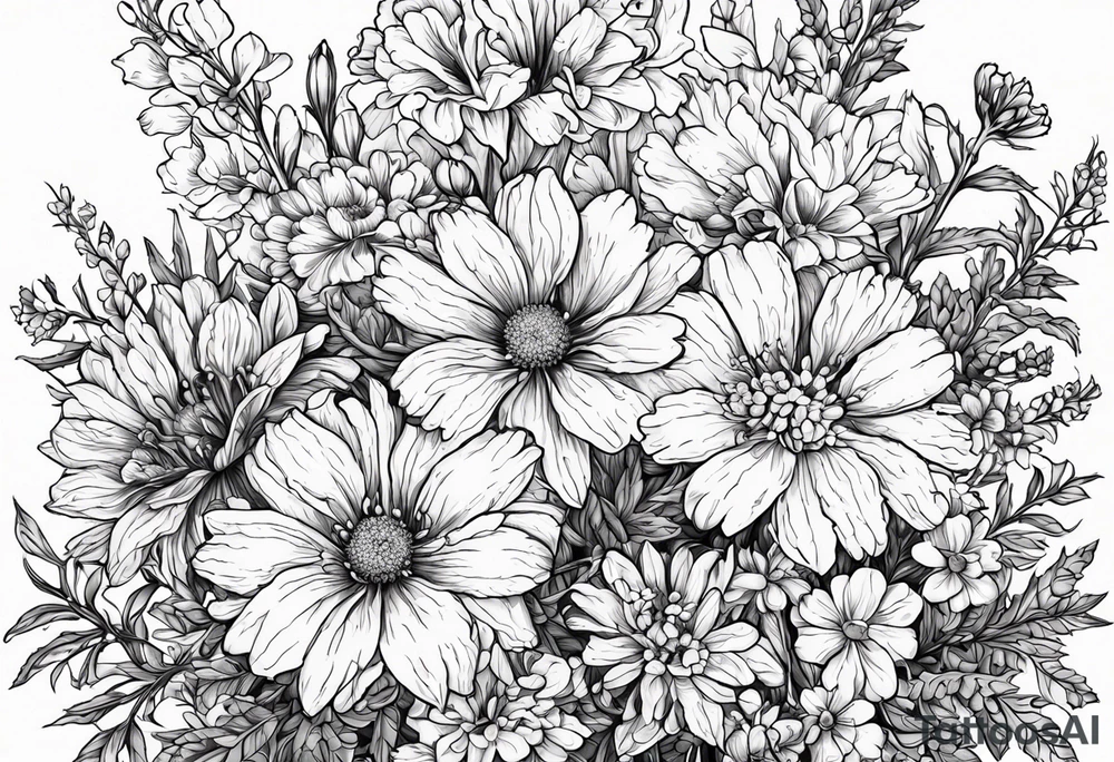 Small sketched bouquet of flowers larkspur carnation daisy primrose tattoo idea