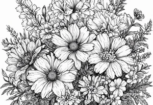 Small sketched bouquet of flowers larkspur carnation daisy primrose tattoo idea