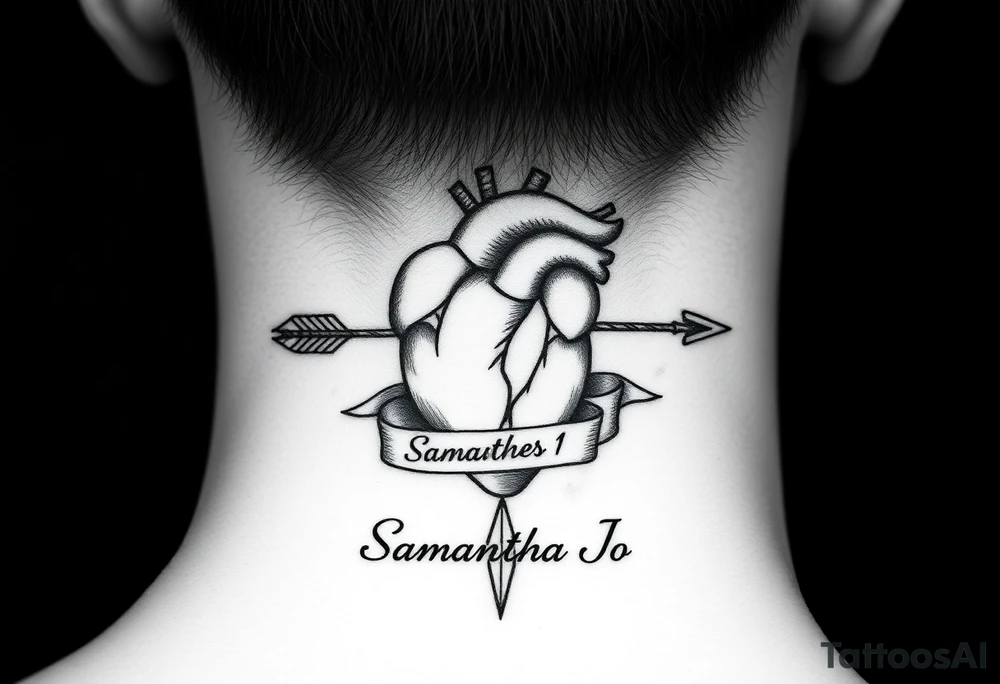 anatomical heart pierced by ornate arrow with flowing ribbons with the name Samantha Jo tattoo idea