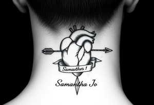 anatomical heart pierced by ornate arrow with flowing ribbons with the name Samantha Jo tattoo idea