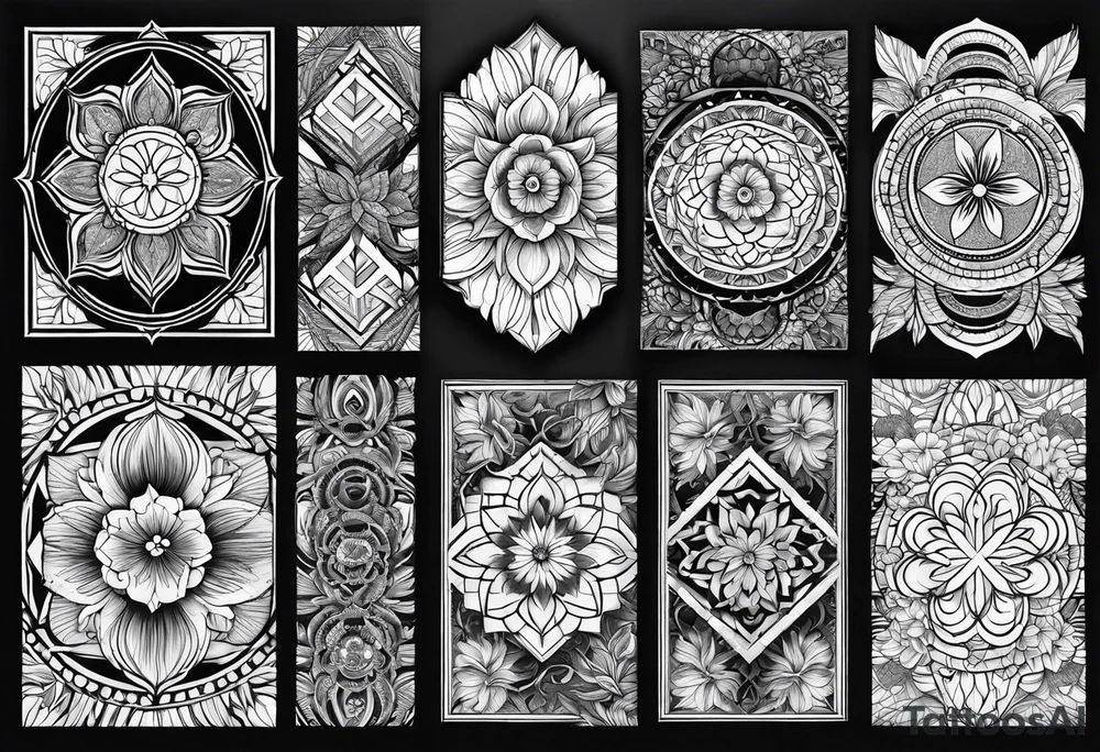 full sleeve tattoos for men. Sacred geometry. Mandala. Tropical flowers. Black outlines. tattoo idea