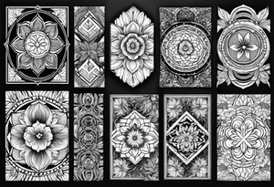 full sleeve tattoos for men. Sacred geometry. Mandala. Tropical flowers. Black outlines. tattoo idea