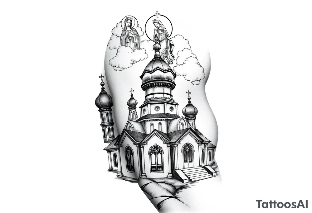 Russian Orthodox church with orthodox spire crosses, with clouds above it and a virgin mary seperately over looking sat above tattoo idea