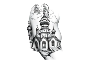 Russian Orthodox church with orthodox spire crosses, with clouds above it and a virgin mary seperately over looking sat above tattoo idea