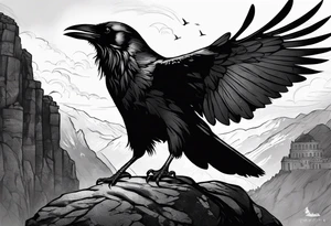 raven landing on a rock with the roman numeral seven and the text Omnia Urunt inscribed on it. tattoo idea