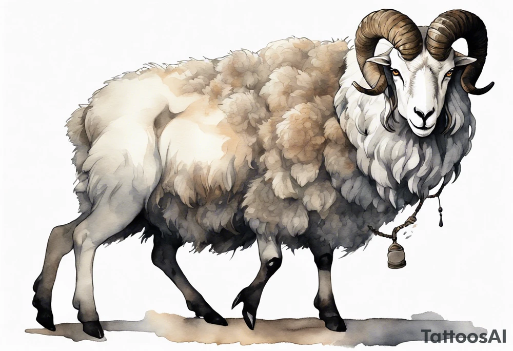 a large man wearing a grey tunic with the head of a big horned sheep and hooves for feet tattoo idea