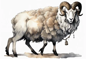 a large man wearing a grey tunic with the head of a big horned sheep and hooves for feet tattoo idea