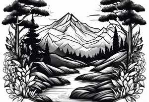 Mountain with a creek at the bottom and bushes at the base. For a full arm sleeve tattoo idea