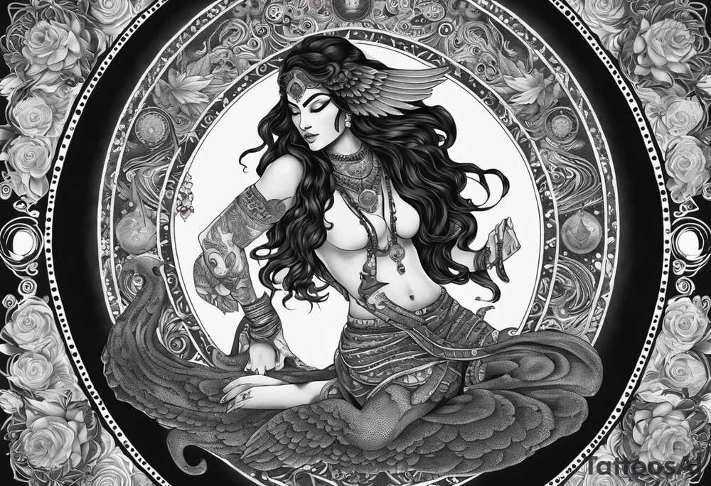 black kali, goddess pirate, alien, angel, pachamama, valkrye, warrior, flying, skull, lotus azul, wing, eagle, zenza resonance, stars, 5D, anahata chakra, death, durga, riding on a tiger, flying lady, kundalini, chest tatoo, samuri, rebel, serpent tattoo idea