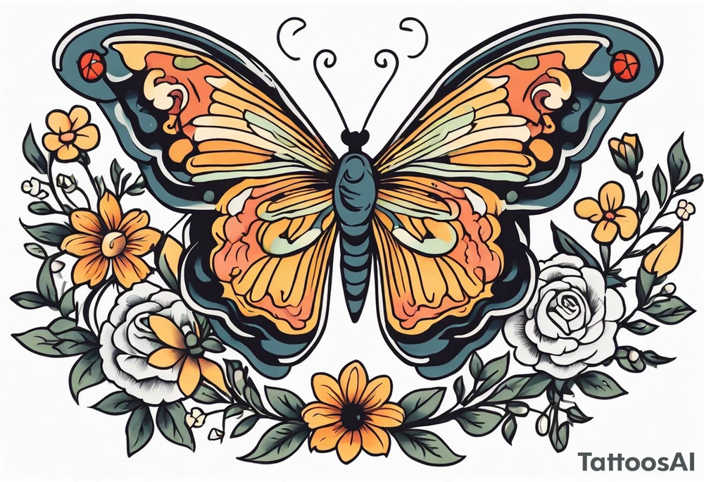 butterfly old school traditional vintage with flowers surrounding it tattoo idea