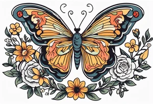 butterfly old school traditional vintage with flowers surrounding it tattoo idea