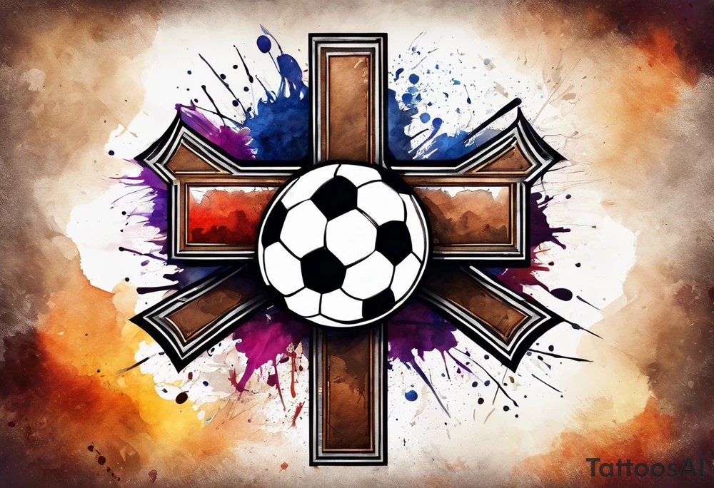 Cross made out football leather with watercolor background tattoo idea