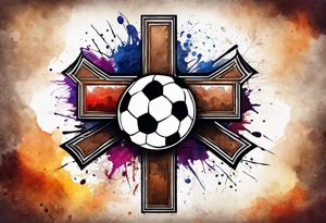 Cross made out football leather with watercolor background tattoo idea