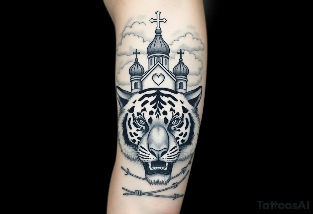 Mean looking tiger on the hand with barb wire at the bottom and then above the tiger do a traditional Russian Orthodox Church with the orthodox traditional cross as the spire in clouds then Virgin Mary above overlooking with hands together on heart tattoo idea