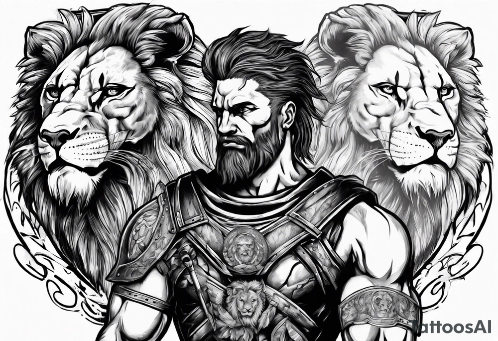 Spartan soldier with the head of a lion underneath him tattoo idea