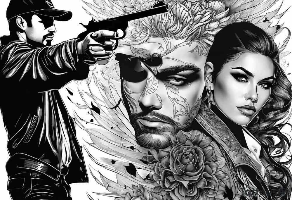 In the reflection of a eye two black siloets of people holding guns one man dead on the ground with a wounded woman standing behind him tattoo idea