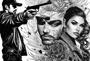In the reflection of a eye two black siloets of people holding guns one man dead on the ground with a wounded woman standing behind him tattoo idea