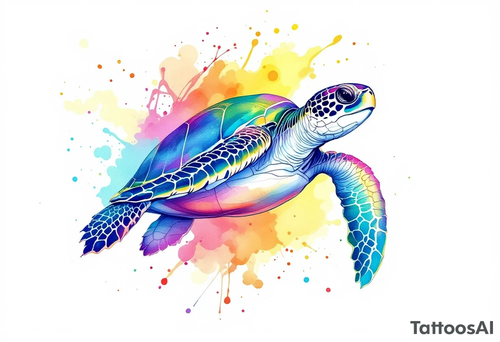 Sea turtle with rainbow watercolor splashes behind it tattoo idea