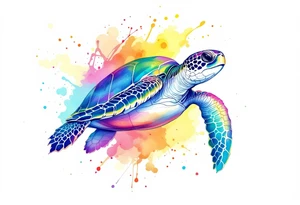 Sea turtle with rainbow watercolor splashes behind it tattoo idea