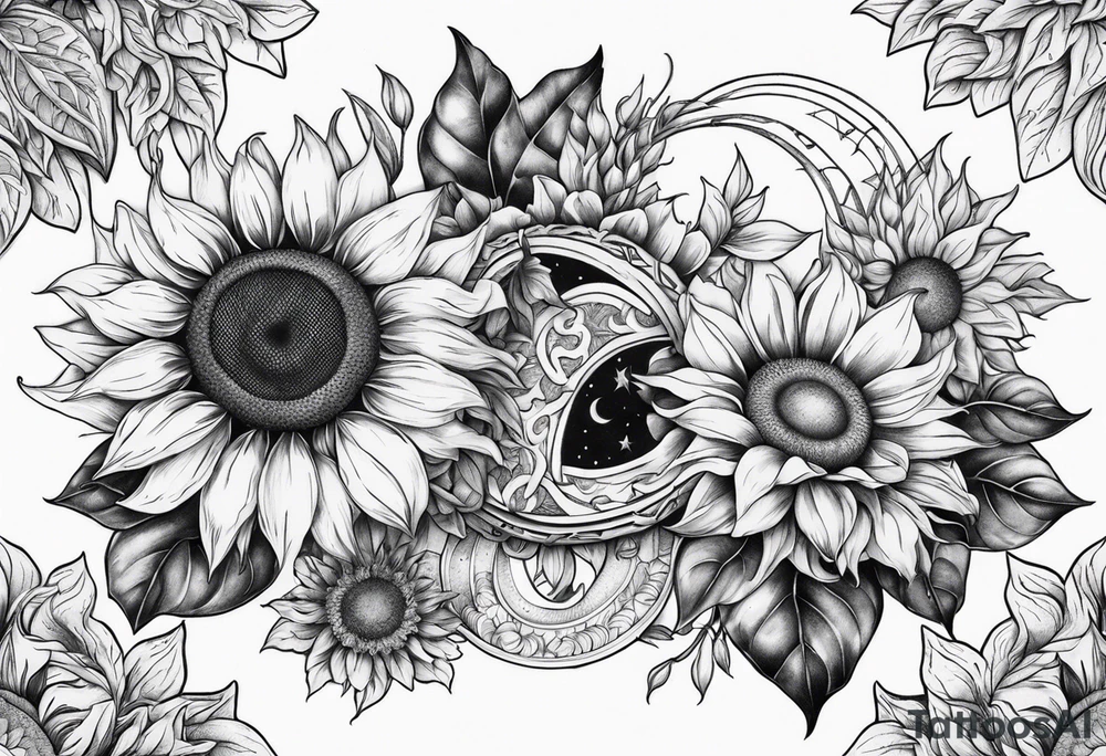 Sunflowers sun and moon tattoo idea