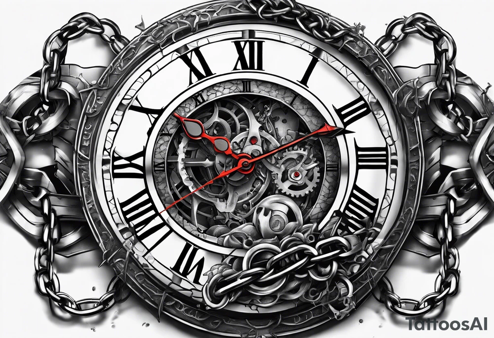 Extremely hyper realistic broken clock covered in chains that are growing tattoo idea