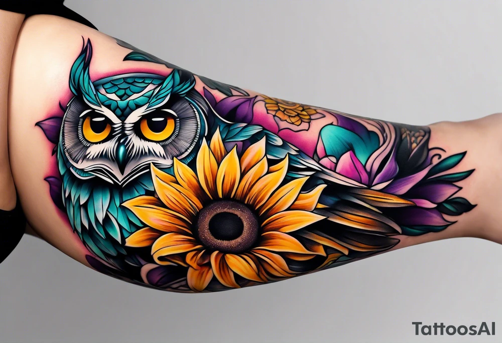 Leg Sleeve with teal, pink and purple owl and yellow sunflowers tattoo idea