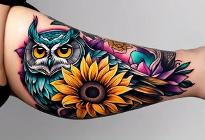 Leg Sleeve with teal, pink and purple owl and yellow sunflowers tattoo idea