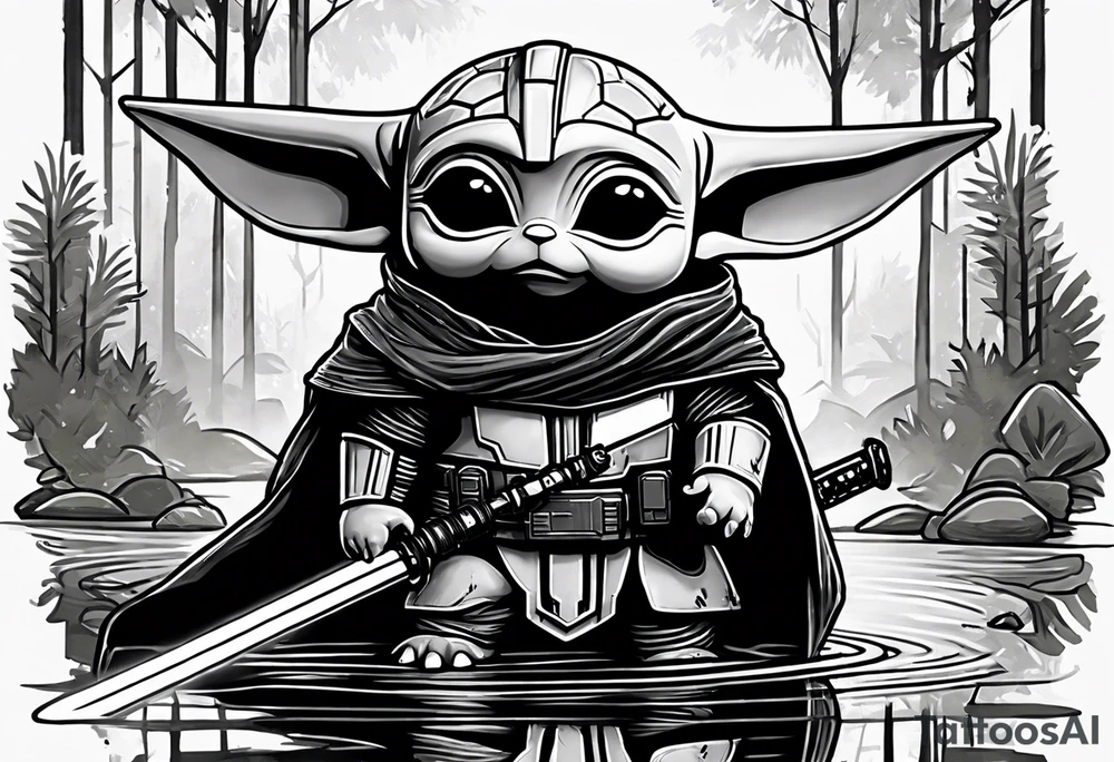 Baby Grogu wearing black mandalorian armor,  with a white lightsaber in a swamp tattoo idea