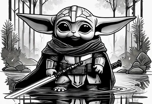 Baby Grogu wearing black mandalorian armor,  with a white lightsaber in a swamp tattoo idea