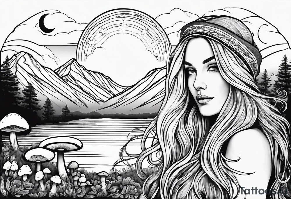 Blonde long straight hair older woman no makeup surrounded by mushrooms facing mountains crescent moon background tattoo idea