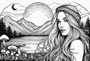 Blonde long straight hair older woman no makeup surrounded by mushrooms facing mountains crescent moon background tattoo idea