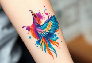 Phoenix in flames with purple, blue, orange, teal and green splashes, looking upwards with angry eye. No black outline. tattoo idea