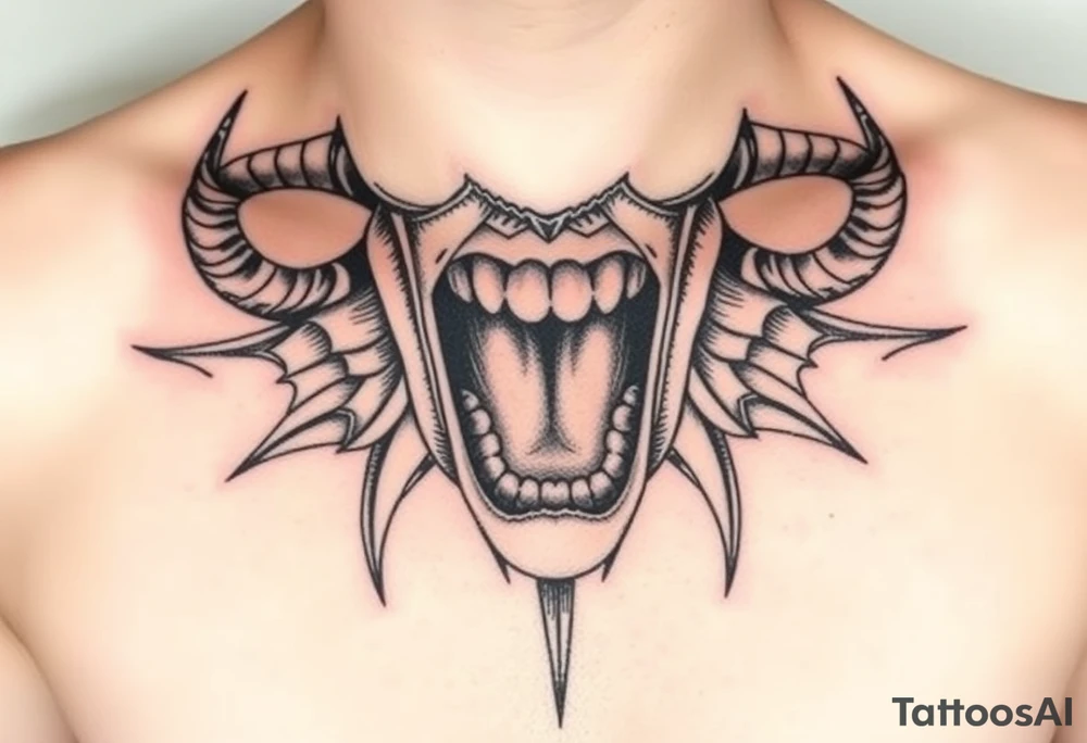Feminine Tattoo female mouth open with horns just barley touching collarbone with a lot of shading tattoo idea