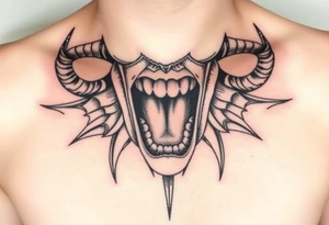 Feminine Tattoo female mouth open with horns just barley touching collarbone with a lot of shading tattoo idea