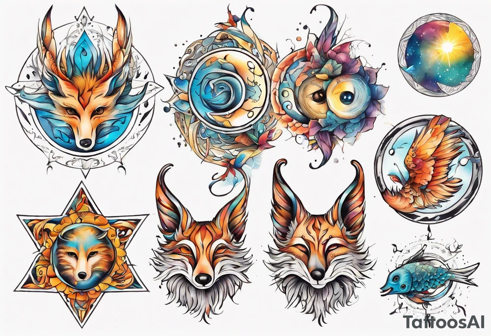 fisch, fuchs und eule , symetrie  sonne, universum, bunt tattoo idea